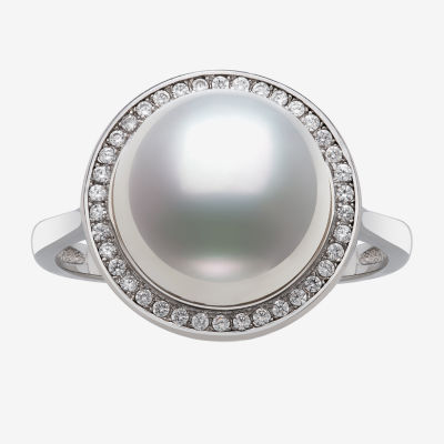 Womens 10-11MM White Cultured Freshwater Pearl Sterling Silver Round Halo Cocktail Ring