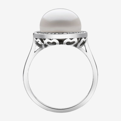 Womens 10-11MM White Cultured Freshwater Pearl Sterling Silver Round Halo Cocktail Ring