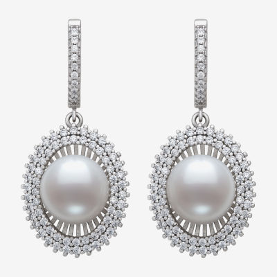 White Cultured Freshwater Pearl Sterling Silver Oval Round Drop Earrings