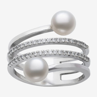 Womens 6-7mm White Cultured Freshwater Pearl Sterling Silver Bypass  Cocktail Ring