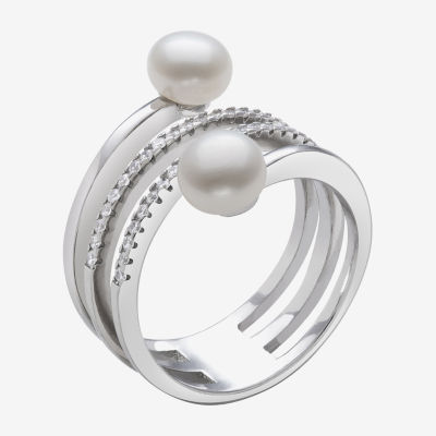 Womens 6-7mm White Cultured Freshwater Pearl Sterling Silver Bypass  Cocktail Ring