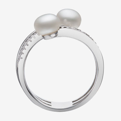 Womens 6-7mm White Cultured Freshwater Pearl Sterling Silver Bypass  Cocktail Ring