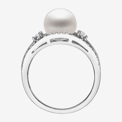 Womens 8-9MM White Cultured Freshwater Pearl Sterling Silver Round Side Stone Cocktail Ring