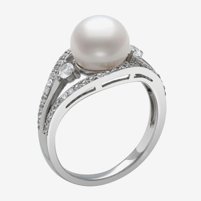 Womens 8-9MM White Cultured Freshwater Pearl Sterling Silver Round Side Stone Cocktail Ring