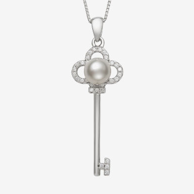 Womens White Cultured Freshwater Pearl Sterling Silver Keys Pendant Necklace