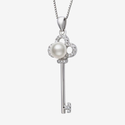 Womens White Cultured Freshwater Pearl Sterling Silver Keys Pendant Necklace