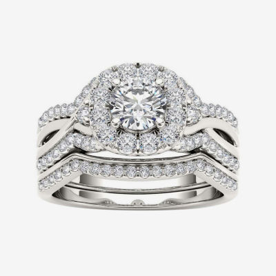 1 1/4 CT.T.W. Natural Diamond 14K White Gold Halo Bridal Ring Set