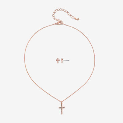 Bijoux Bar Delicates Rose Tone Pendant Necklace & Stud Earring 2-pc. Cross Jewelry Set