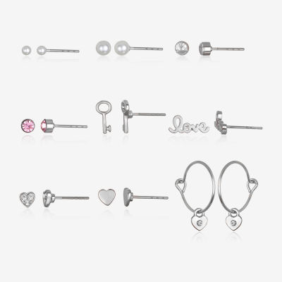 Bijoux Bar Delicates Silver Tone Love Stud & Huggie Hoop 9 Pair Simulated Pearl Heart Keys Earring Set