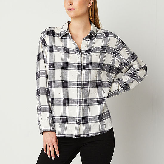 a.n.a Womens Long Sleeve Flannel Shirt, Color: Lana Pld Cream - JCPenney