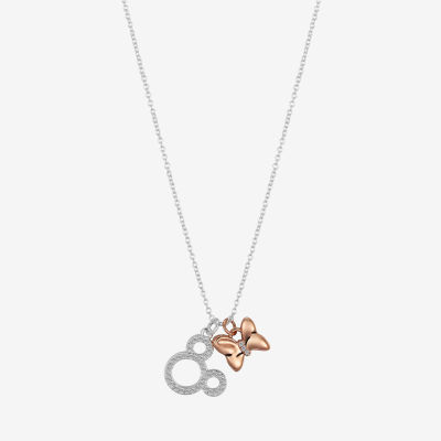 Disney Classics Pave Cubic Zirconia Pure Silver Over Brass 16 Inch Cable Bow Mickey Mouse Minnie Mouse Pendant Necklace