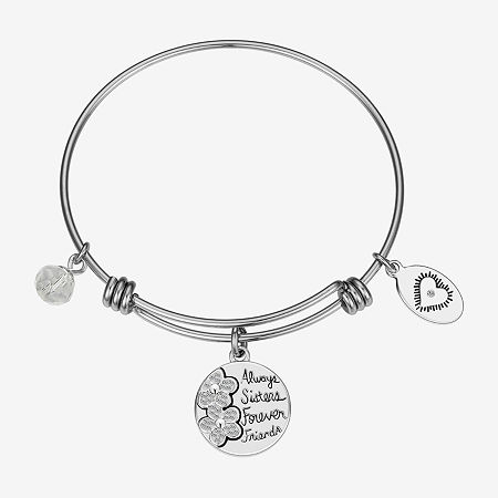 Footnotes Sister Womens Crystal Silver Tone Stainless Steel Flower Round Bangle Bracelet