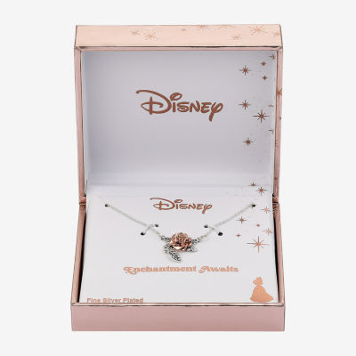 Disney Classics Pure Silver Over Brass 16 Inch Cable Flower Beauty and the Beast Pendant Necklace