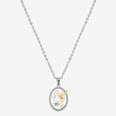 Disney Classics Dancing Cubic Zirconia Pure Silver Over Brass 16 Inch Cable Oval Tinker Bell Pendant Necklace
