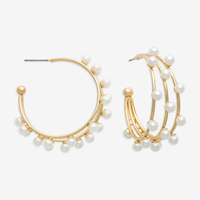 Bijoux Bar Gold Tone Womens Simulated Pearl 12.4mm Hoop Earrings