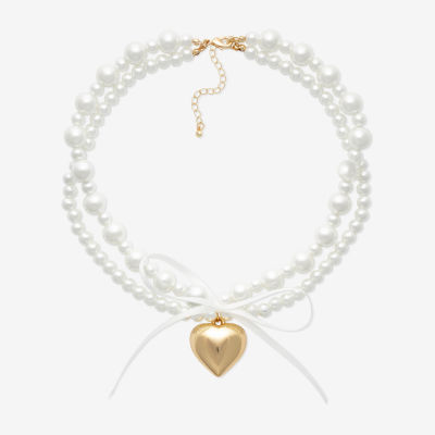 Bijoux Bar Simulated Pearl 15 Inch Bead Bow Heart Collar Necklace