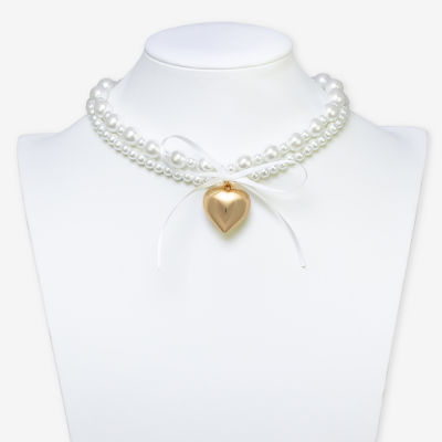 Bijoux Bar Simulated Pearl 15 Inch Bead Bow Heart Collar Necklace