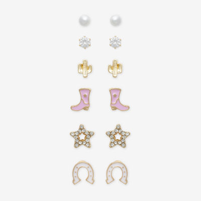 Mixit Gold Tone Cowboy Boot 6 Pair Cubic Zirconia Simulated Pearl Star Earring Set