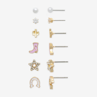 Mixit Gold Tone Cowboy Boot 6 Pair Cubic Zirconia Simulated Pearl Star Earring Set