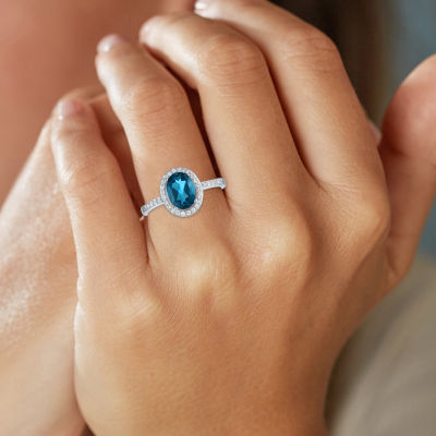 Yes, Please! Womens Genuine Blue Topaz Sterling Silver Oval Halo Cocktail Ring