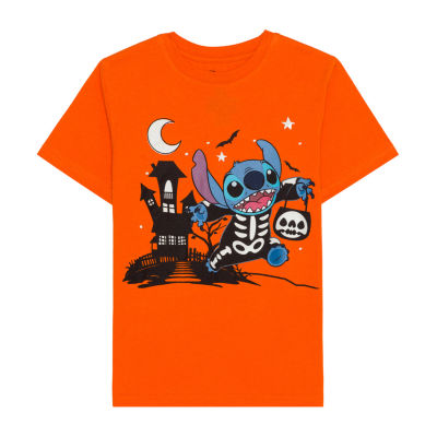 Disney Collection Little & Big Boys Glow-In-The-Dark Crew Neck Short Sleeve Halloween Stitch Graphic T-Shirt