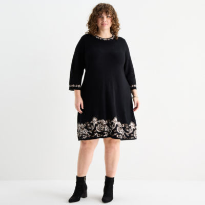 Jessica Howard Womens Plus 3/4 Sleeve Bordered Sweater Dress