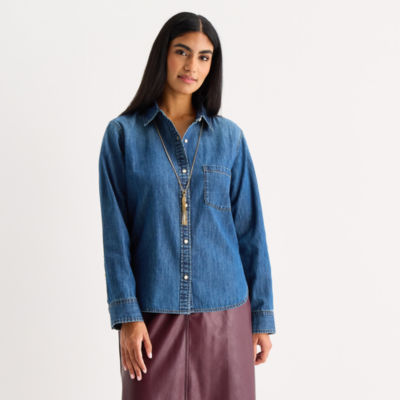 a.n.a Womens Long Sleeve Cuffed Regular Fit Button-Down Shirt