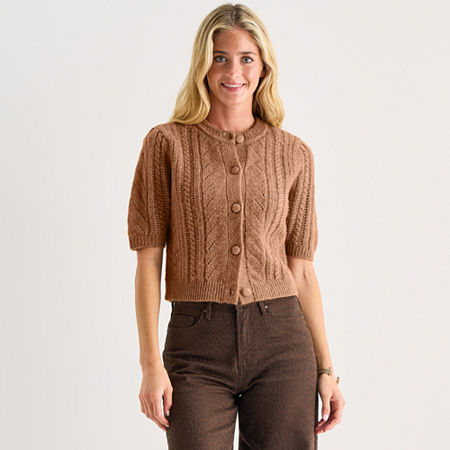 a.n.a Womens Crew Neck Short Sleeve Button Cardigan, Petite X-large, Brown