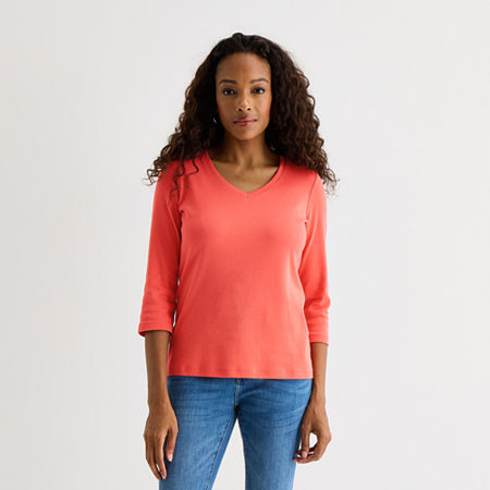 St. John's Bay Womens V Neck 3/4 Sleeve T-shirt In Orange