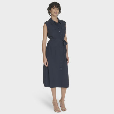 Marc New York Womens Belted Sleeveless Midi Shirt Dress