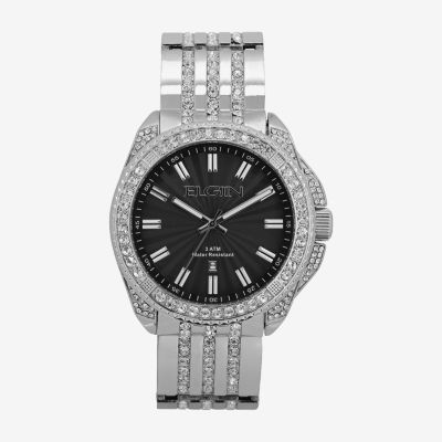 Elgin Mens Crystal Accent Silver Tone Bracelet Watch Fg170014