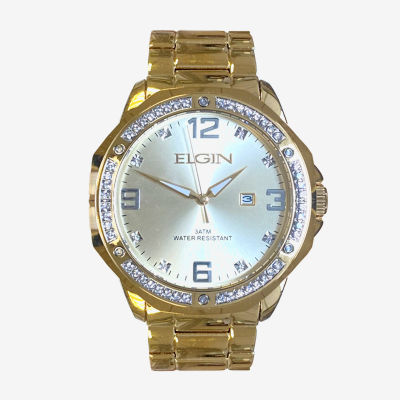 Elgin Mens Crystal Accent Gold Tone Bracelet Watch Fg180011
