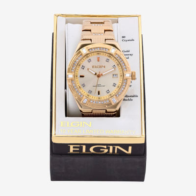 Elgin Mens Crystal Accent Gold Tone Bracelet Watch Fg180013