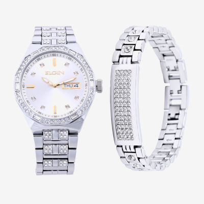 Elgin Mens Crystal Accent Silver Tone Bracelet Watch Fg180016sst