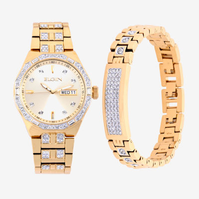 Elgin Mens Crystal Accent Gold Tone Bracelet Watch Fg180016st