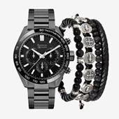 Personalized Mens Black And Gold Tone Diamond Accent Bracelet Watch