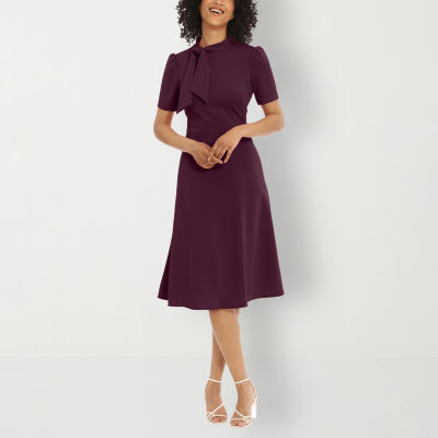 London Style Short Sleeve Fit + Flare Dress, Color: Luxe Plum - JCPenney