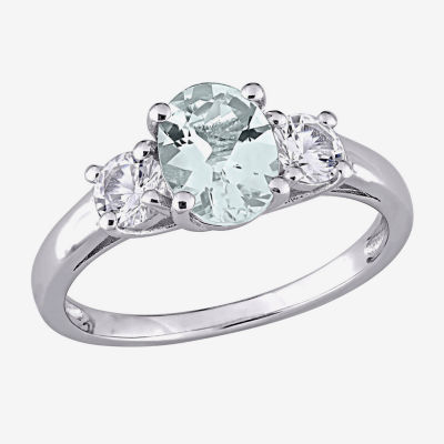 Modern Bride Gemstone Womens Genuine Blue Aquamarine Sterling Silver Oval 3-Stone Engagement Ring