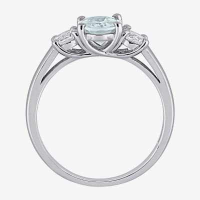 Modern Bride Gemstone Womens Genuine Blue Aquamarine Sterling Silver Oval 3-Stone Engagement Ring