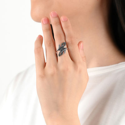 Womens Genuine Black Marcasite Sterling Silver Bypass  Cocktail Ring