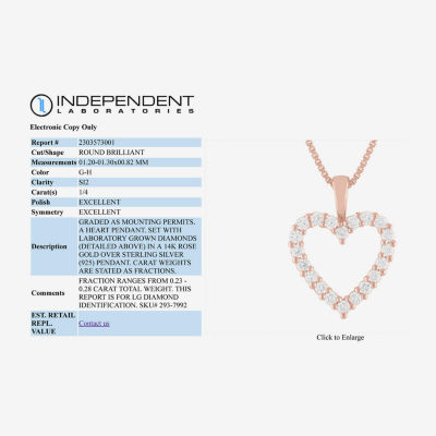 (G-H / Si1-Si2) Womens 1/4 CT. T.W. Lab Grown White Diamond 14K Rose Gold Over Silver Heart Pendant Necklace