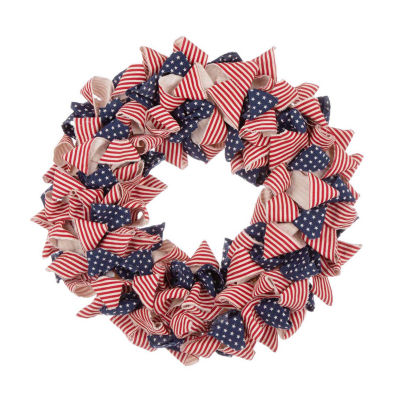 Glitzhome 18.9'D Fabric Patriotic  Stripes And Stars Wreath