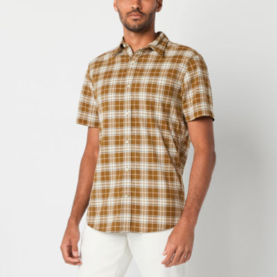 mutual weave Mens Regular Fit Short Sleeve Plaid Poplin  Button-Down Shirt