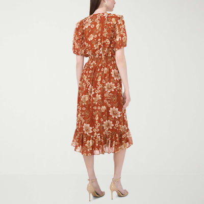 MSK Womens Short Sleeve Floral Midi Fit + Flare Dress