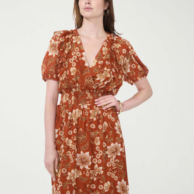 MSK Womens Short Sleeve Floral Midi Fit + Flare Dress