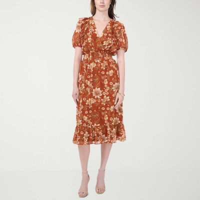 MSK Womens Short Sleeve Floral Midi Fit + Flare Dress