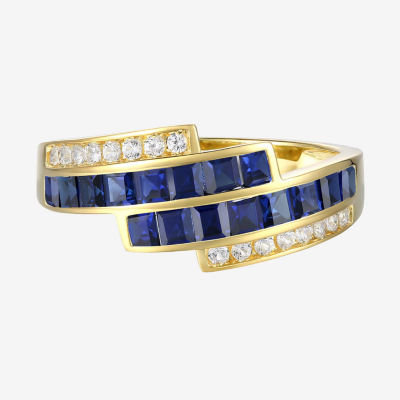 Womens Lab Created Blue Sapphire 14K Gold Over Silver Crossover Side Stone Cocktail Ring