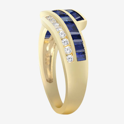 Womens Lab Created Blue Sapphire 14K Gold Over Silver Crossover Side Stone Cocktail Ring