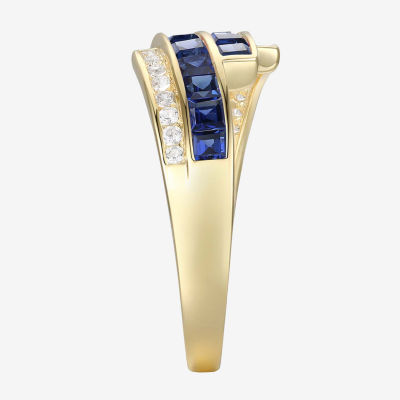 Womens Lab Created Blue Sapphire 14K Gold Over Silver Crossover Side Stone Cocktail Ring