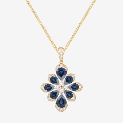 Womens Lab Created Blue Sapphire 14K Gold Over Silver Flower Pendant Necklace